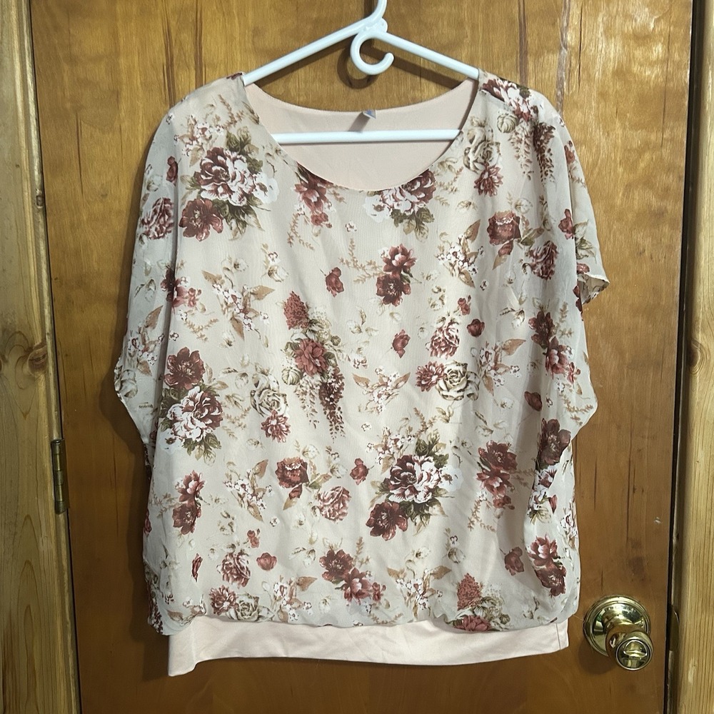NEINEIWU SIZE 2XL PEACH FLORAL CASUAL CHIFFON TOP BLOUSE SHIRT‎